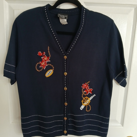 VTG Womens Floral Embroidered Cardigan Sweater Coastal Grandma Nautical Casual - Picture 2 of 7